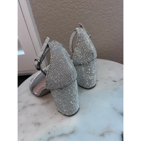 NWOT Steve Madden Rhinestone Silver Open Toe Block Heels Dylann New Crystal 10M - Picture 4 of 8